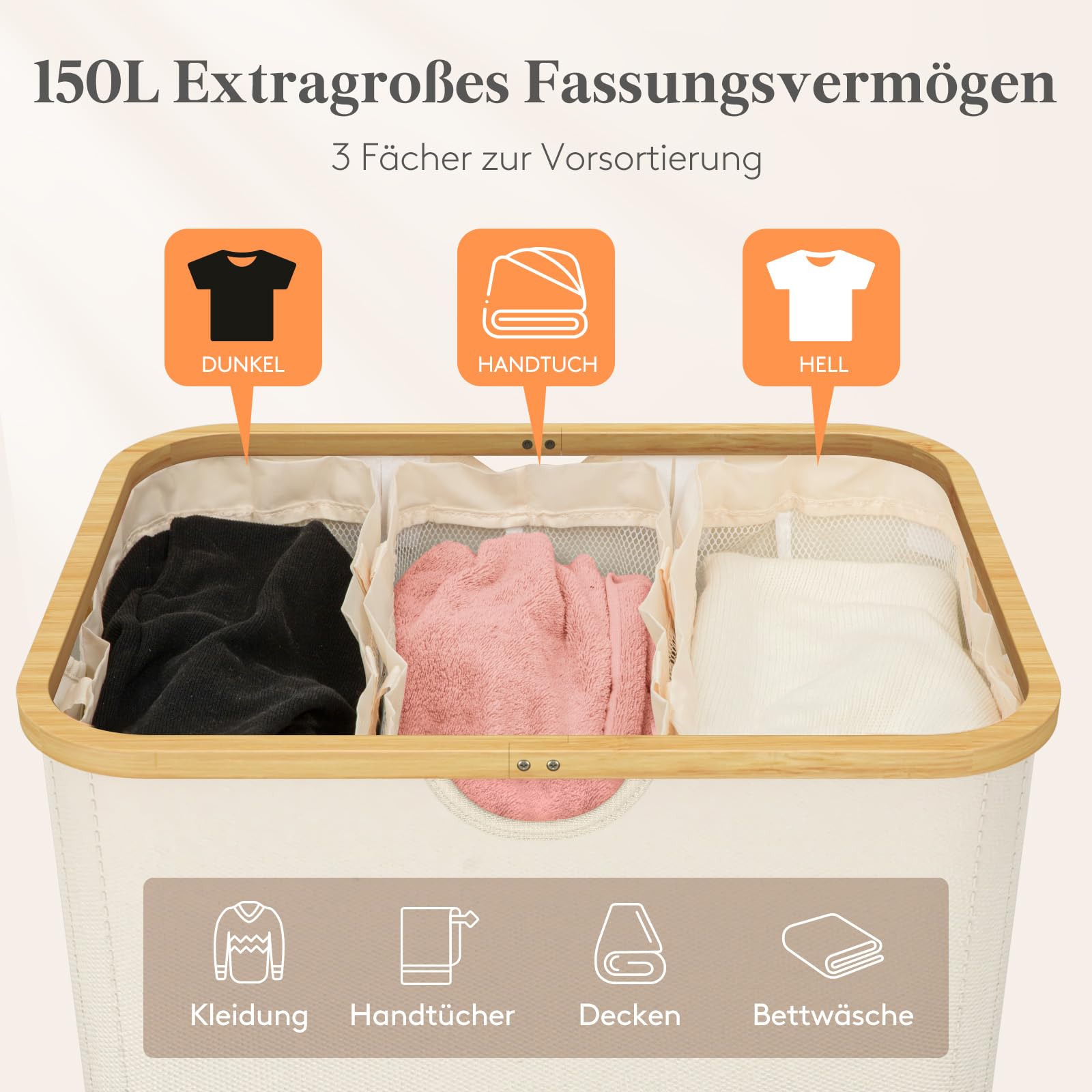 Lifewit 150L Wäschekorb mit Deckel, Wäschesammler 3 Fächer, Wäschebox Groß,Wäschesortierer, Wäschetonne,Wäsche Sortieren, Wäschebehälter,Laundry Baskets für Wäschekammer, Bad, Schlafzimmer, Cremeweiß 2