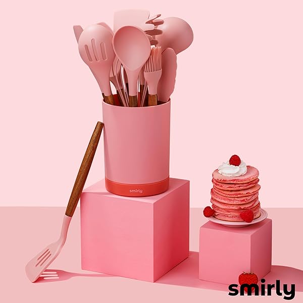 SILICONE KITCHEN UTENSILS SET & HOLDER: COOKING UTENSILS SET – KITCHEN ESSENTIALS FOR NEW HOME & 1ST APARTMENT- SILICONE SPATULA SET, COOKING SPOONS FOR NONSTICK COOKWARE (ACACIA WOOD, PINK)