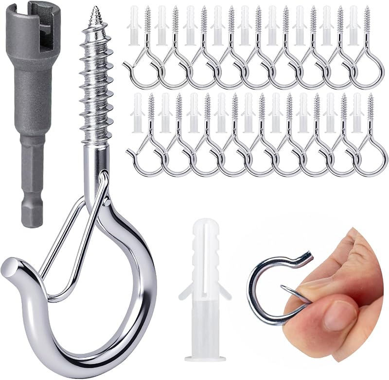 KINGLAKE Screw in Hooks 30 Pcs Q Hanger Hooks for Outdoor String Lights Silver