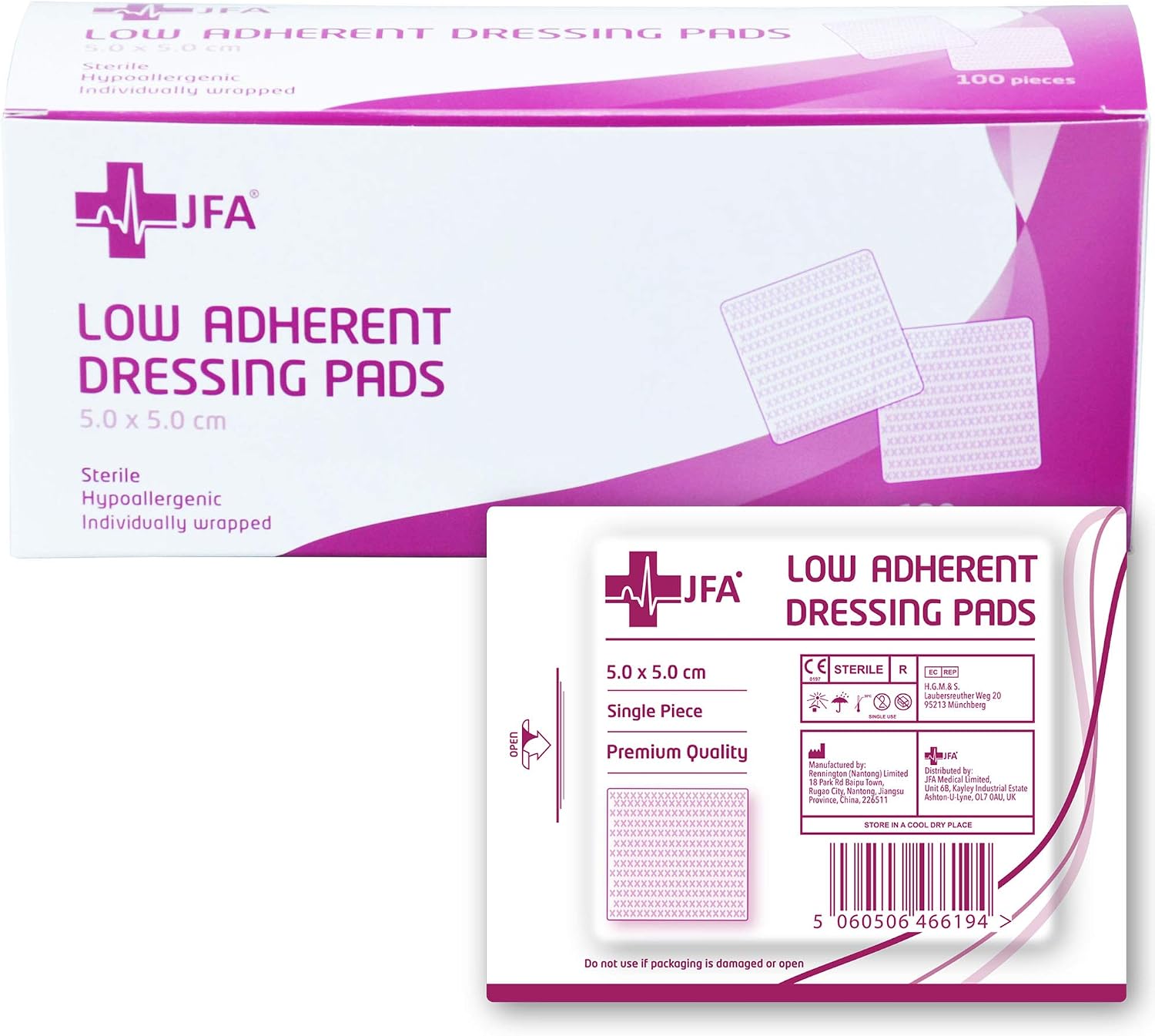 JFA Medical Low Adherent Sterile Absorbent Wound Dressing Pad 5cm x 5cm - Pack of 100, 100 Count (Pack of 1)