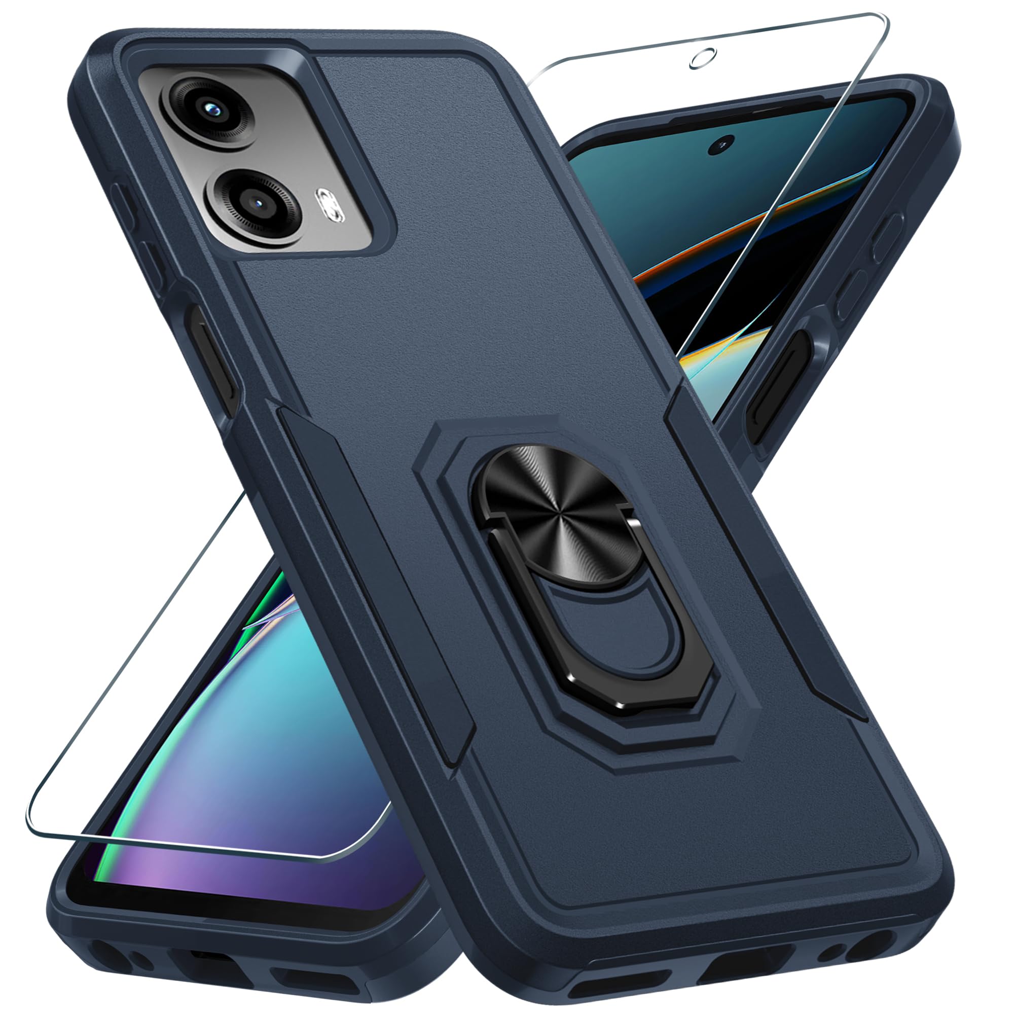 Photo 1 of Janmitta Compatible with Moto G 5G 2024 Case with Screen Protector,Heavy Duty Shockproof Full Body Protective Cover Built in Rotatable Metal Ring Holder Kickstand,Navy Blue
