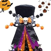 Halloween Tree Topper Hat with Wired Bow, Black Velvet Top Hat with Skull | Pre-Tied Purple & Orange Glitter Bow Ornaments, Winter Holidays Spooky Decor for Home Party Office Decoration