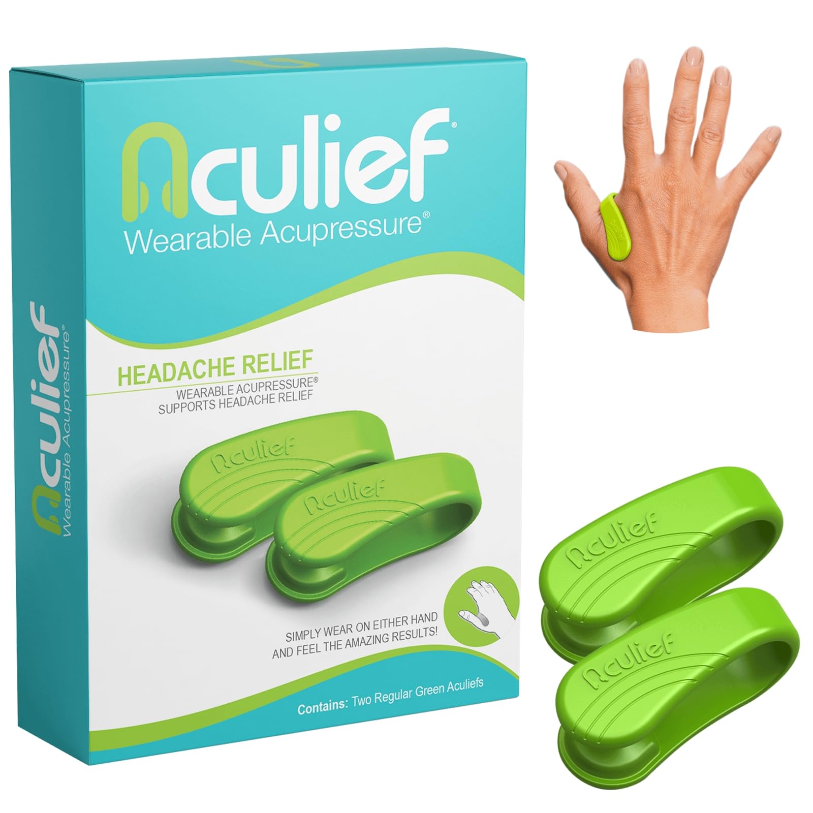 Aculief - Award Winning Natural Headache, Migraine, Tension Relief Wearable – Supporting Acupressure Relaxation, Stress Alleviation – Simple & Effective 2 Pack - (Green, Regular)