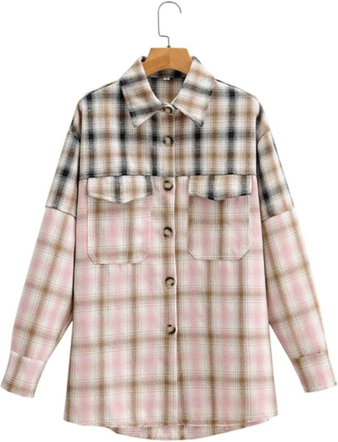 Women Oversized Pink Plaid Coats Jacket Loose Long sleeves pocket