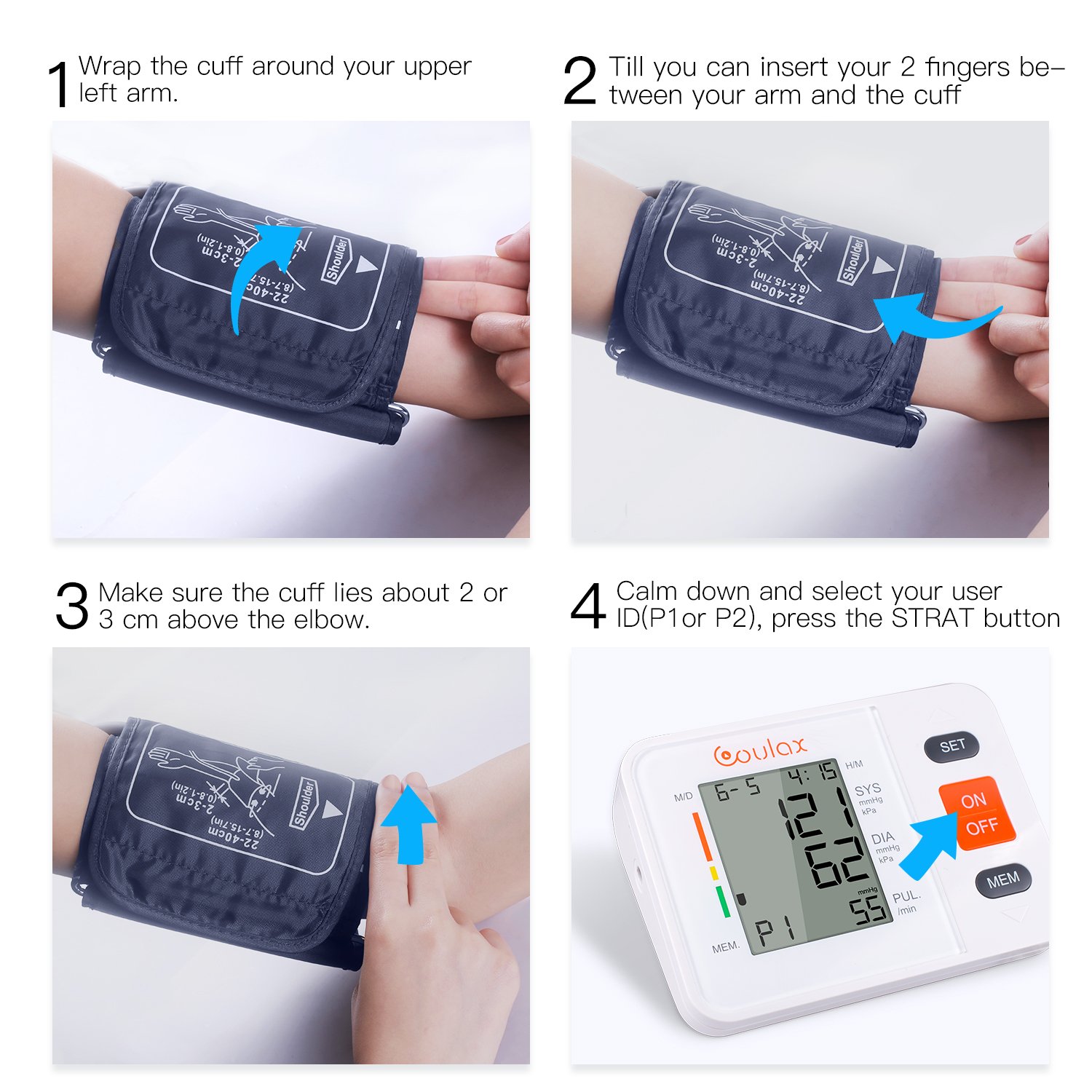 COULAX Digital Blood Pressure Monitor with WHO Indicator and Large LCD Screen for 2 Users Automatic Electronic Monitor with Adjustable Size Fits All Cuff,measuring for Blood Pressure and Heartbeats