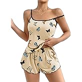 Ekouaer Womens Cami Pajama Sets 2 Piece Cute Print Pjs Soft Tank Top & Elastic Waist Shorts Camisole Lounge Set