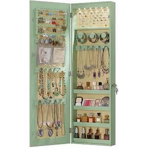42.5“ Over the Door Jewelry Organizer, Wall Mount Jewelry Cabinet, Green | Full Length Mirror Jewelry Cabinet for Bedrooms, C