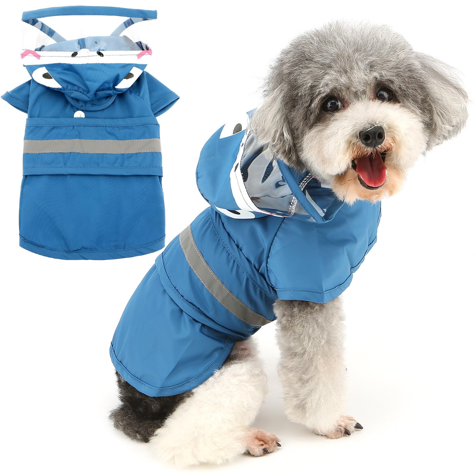 Zunea Waterproof Dog Raincoat with Hood for Small Dogs Lightweight Reflective Puppy Raincoats with Leash Hole Pet Dogs Rain Jacket Poncho Slicker Funny Shark Pattern Costumes Rainwear Clothes Blue L