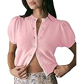 Womens Puff Short Sleeve Cardigan Sweaters Cropped Button up Lightweight Y2k Knit Summer Cardigans