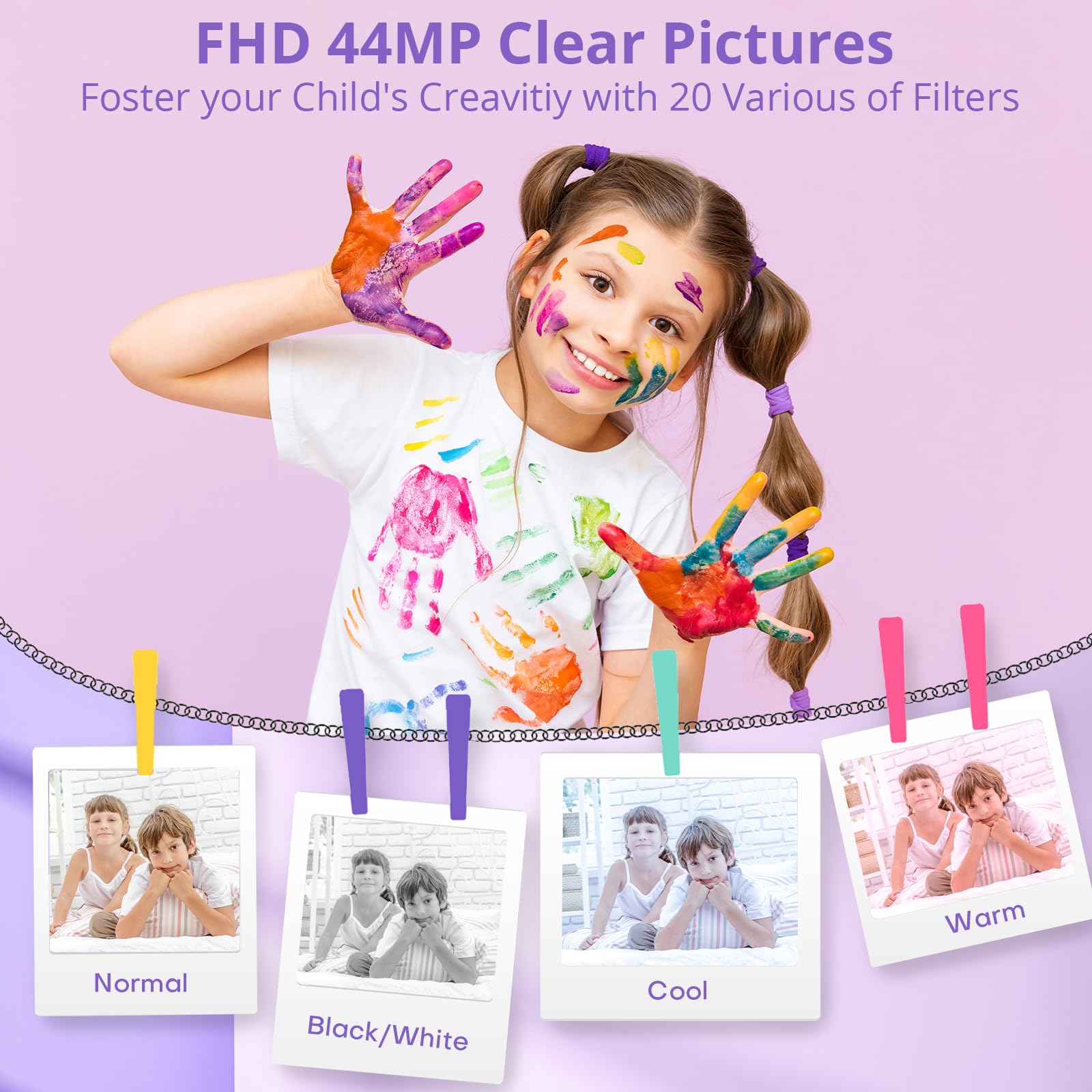 Toberto Digital Camera for Teens, FHD 1080P Digital Camera for Kids with 16X Zoom Anti Shake, Flashlight, 44MP Point and Shoot Camera Compact Small Camera for Girls, Boys, Students - Purple