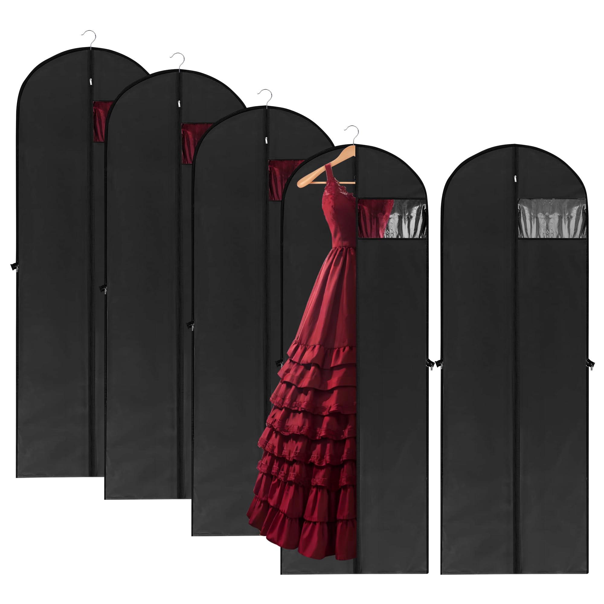 AZKEEGREY 5Pack 180cm Long Dress Covers Garment Bags Full Length with Clear Window, Evening Dress Covers Garment Bags Dustproof, Long Dresses Cover Protector Bag, Oxford Fabric Black