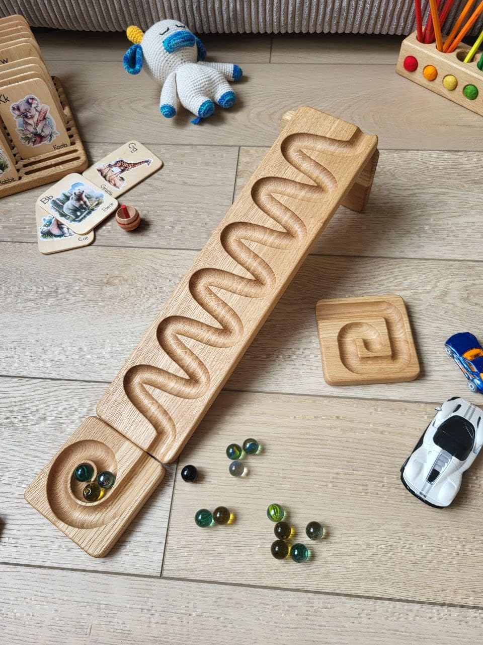 Marble race marble personalized machine wooden maze board ball run Marble course gift for kids marble run race winding track marble roller (Waterfall)
