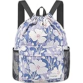 Time2go Drawstring Backpack Sports Gym Sackpack with Mesh Pockets String Cinch Beach Bag for Men Women(Blue Flower)