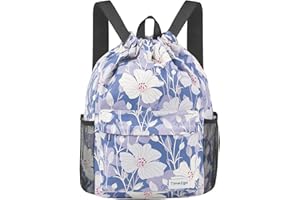 Time2go Drawstring Backpack Sports Gym Sackpack with Mesh Pockets String Cinch Beach Bag for Men Women(Blue Flower)