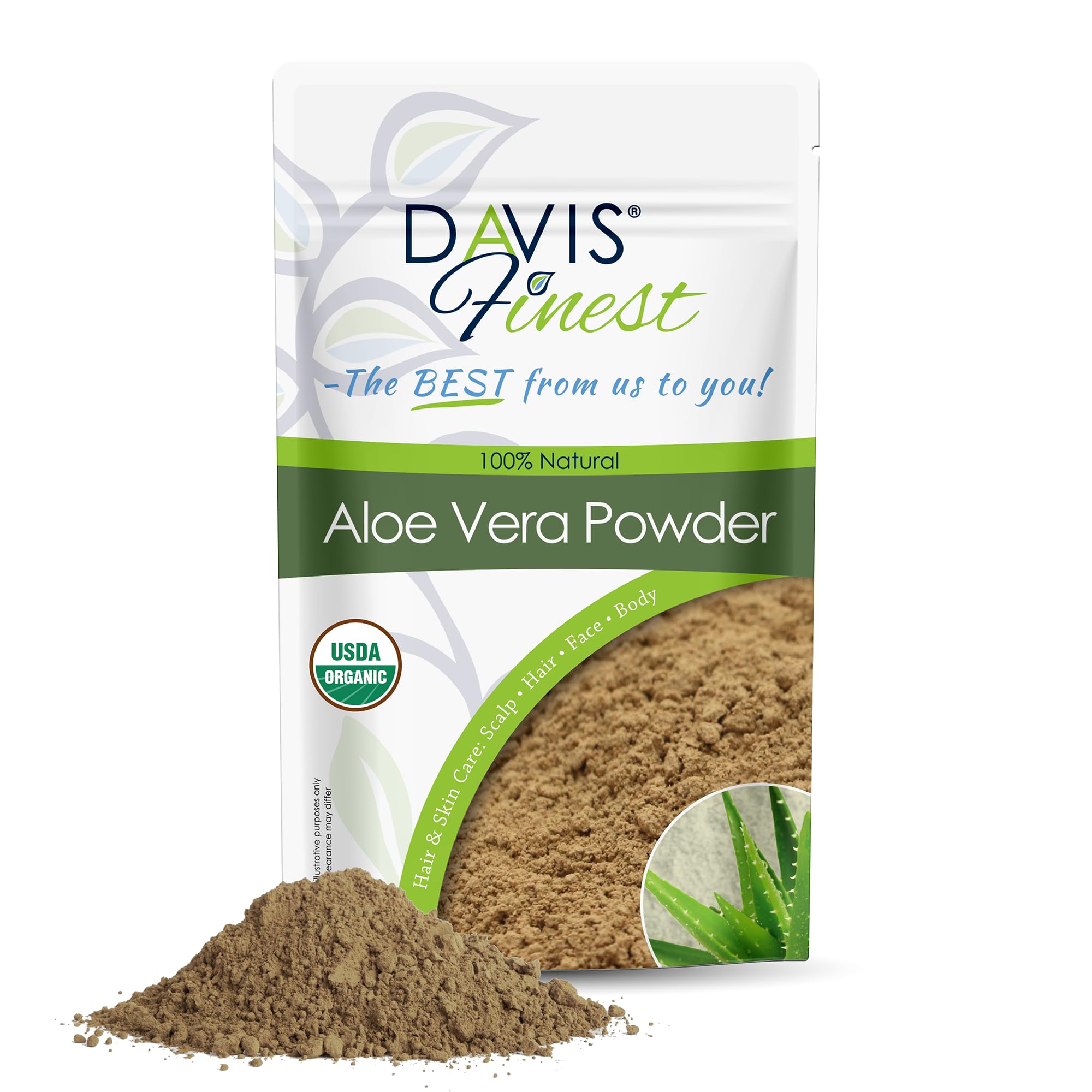 Davis Finest Organic Aloe Vera Powder 100g, Pure Natural Aloe Vera Leaf Plant Ayurvedic Smooth Skin Brightening Facial Mask Face Pack Hydrates Dry Skin Face Body Soften Smoothing Hair Conditioner