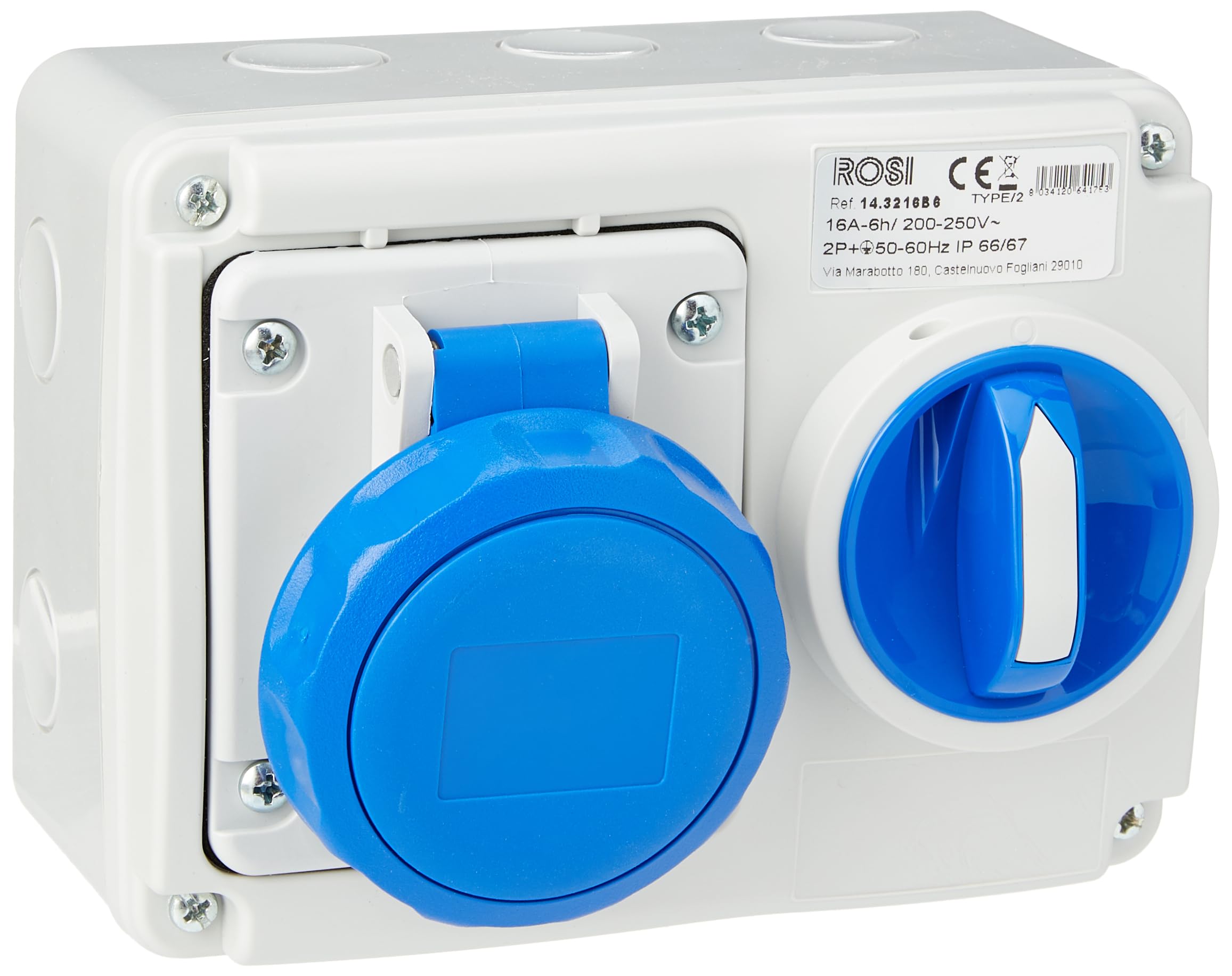 ROSI Interlocked Socket, Grey/Blue, 16a 2p+t ip67