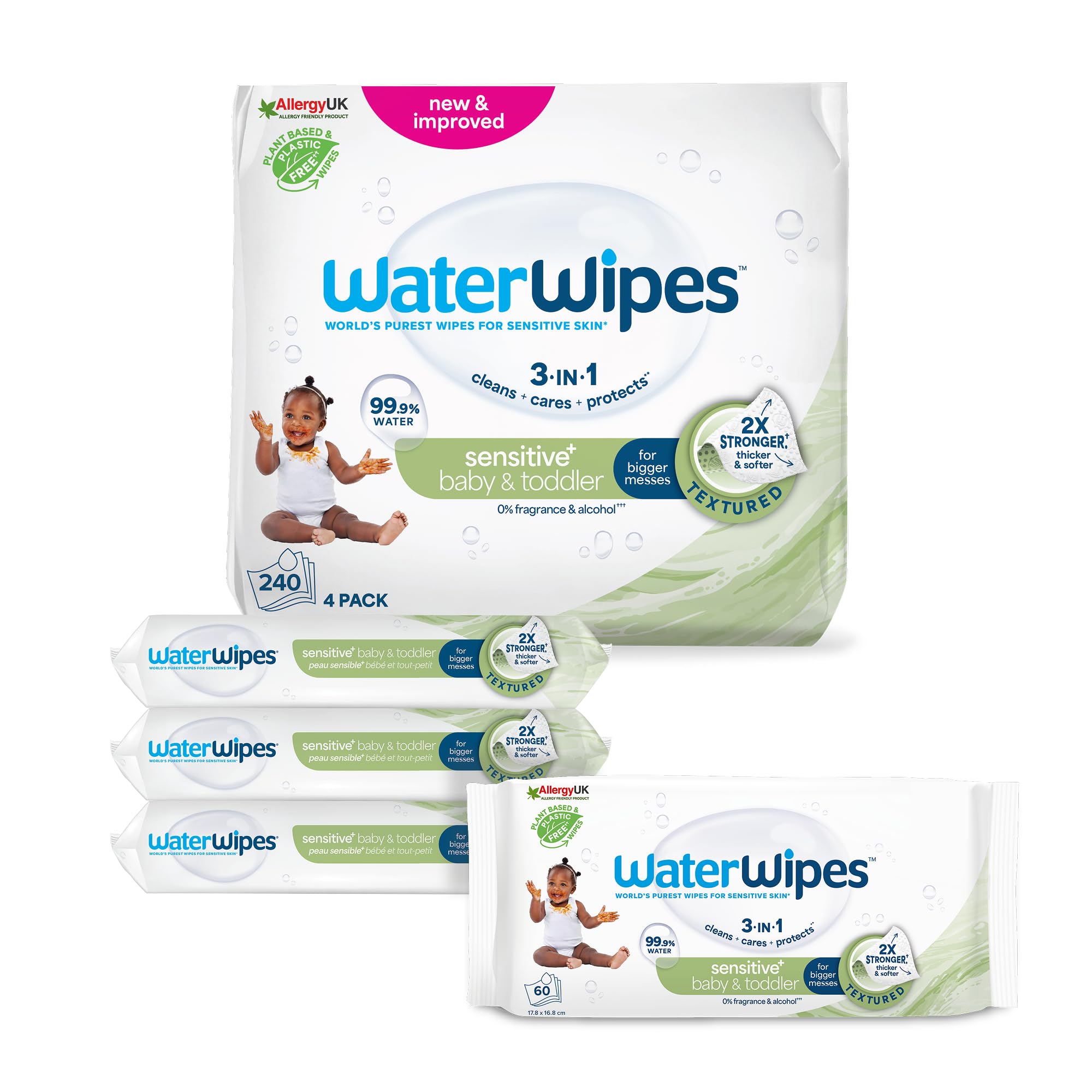 WaterWipes Sensitive+ Baby & Toddler Wipes, 240 Count (4 Packs), 3-In-1 Cleans, Cares, Protects, 99.9% Water, Textured Clean, Unscented