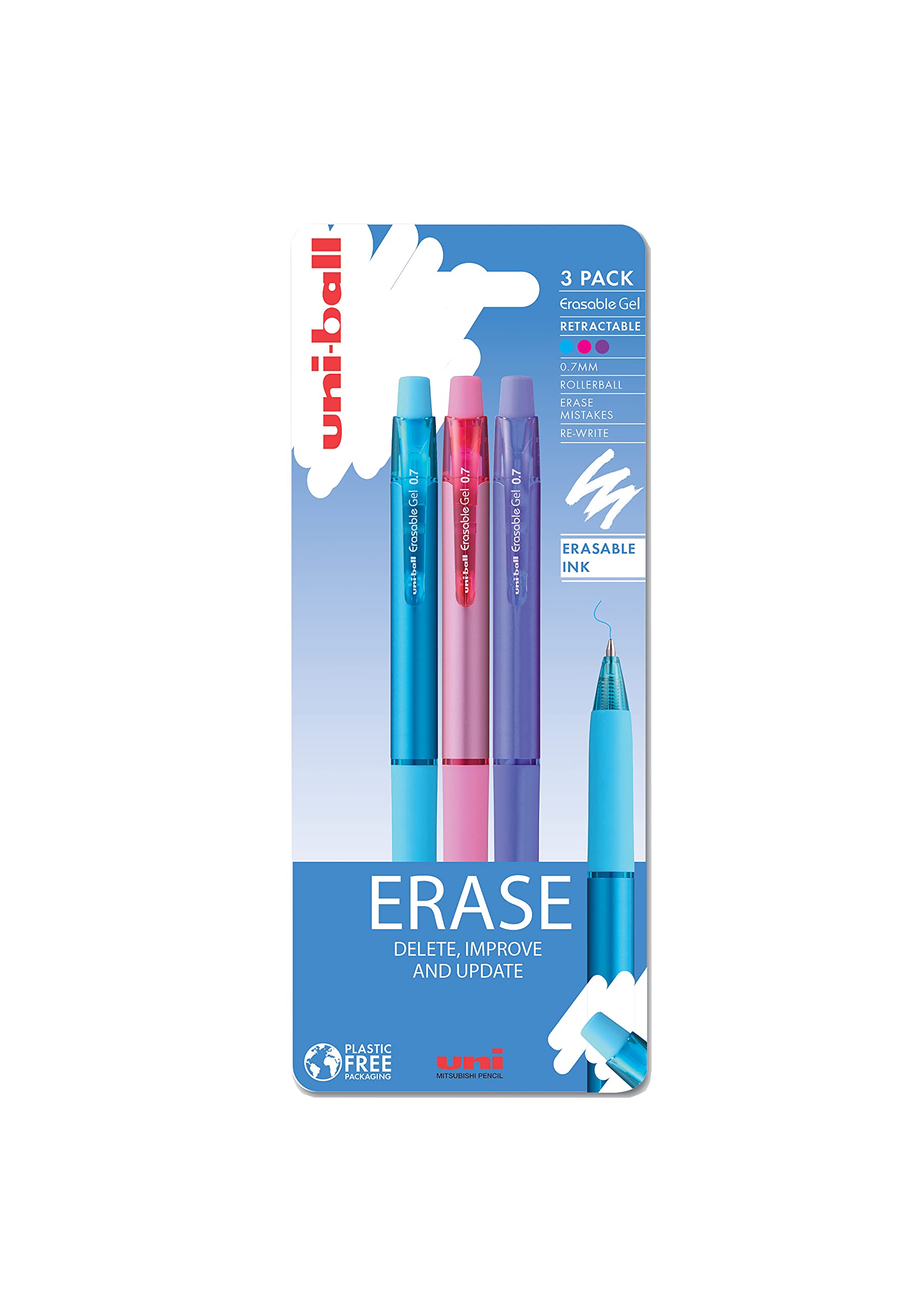 uni-ball URN-181-07 Erasable Ballpoint Gel Ink Pens (3 pack) - Blue, Pink & Purple, 0.7mm Tip, Erase by Rubbing out, for Writing, Drawing, Sketching, Art & Crafts, Home, School or Work — image 1