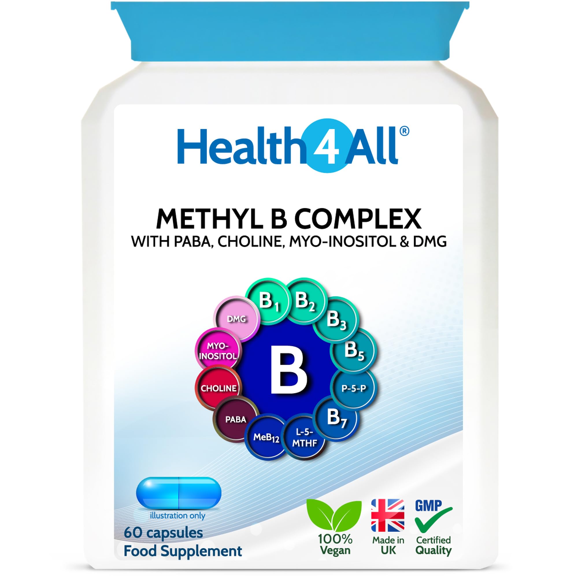 Health4All Methyl B-Complex, 60 Capsules with Methylcobalamin, Methyl Folate, DMG & PABA Supplement, Support Stress, Energy, Methylation, Aid Nervous & Physiological Function | Made in UK (not Tablet)