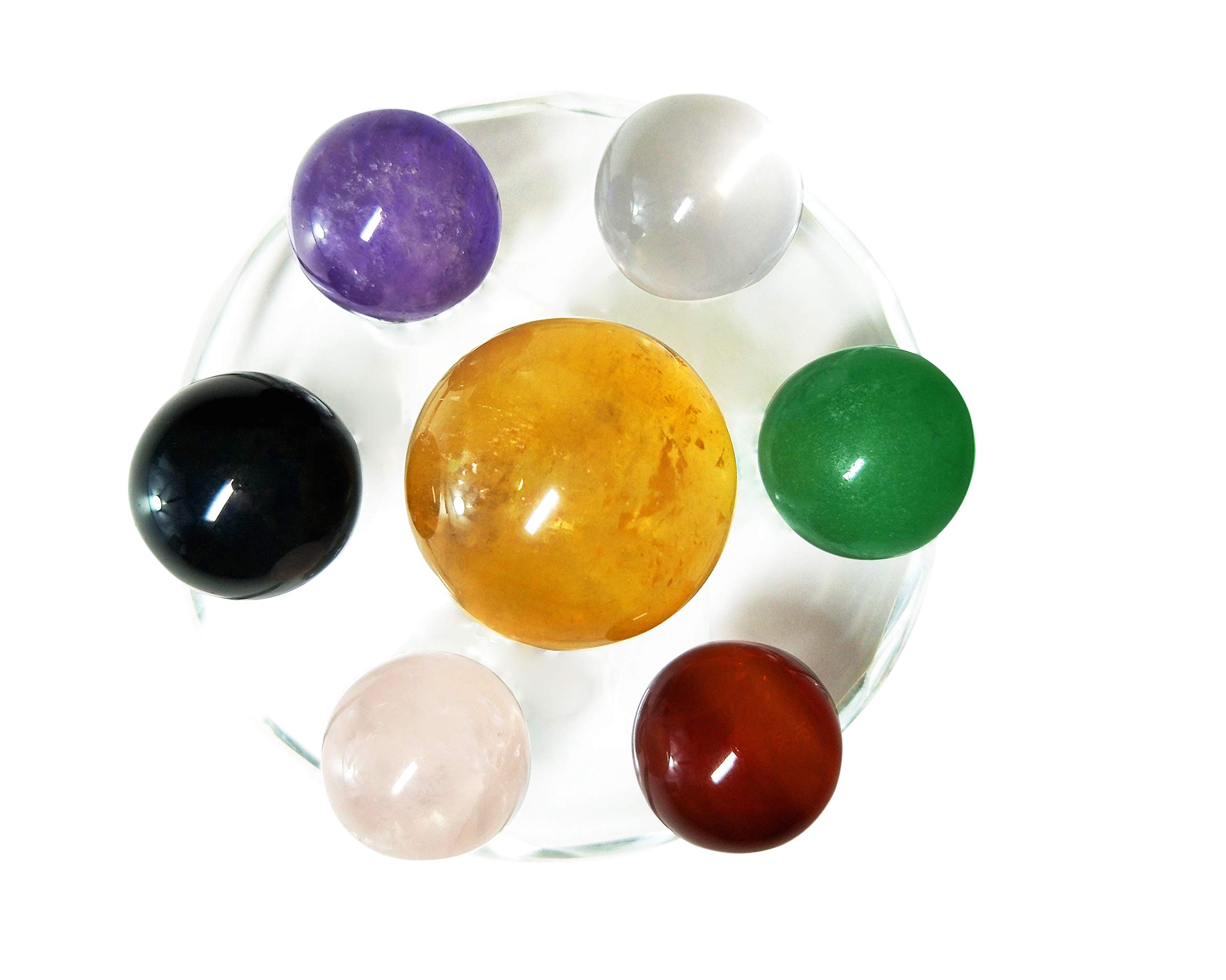 Mina Heal Set of 7 Natural Crystal Balls Made of Yellow Calcite, Black Obsidian, Rose Quartz, Clear Quartz, Green Aventurine, Amethyst & Red Agate Spheres (7 crystal spheres & display plate)