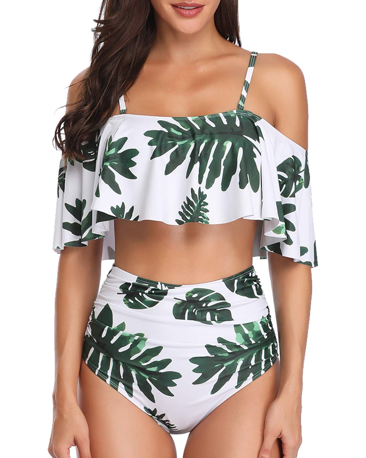Temptme Apparel Women Off Shoulder Ruffle Two Piece Swimsuit Swimwear High Waist Leaf Print Bikini Set Bathing Suit Leaf Print M
