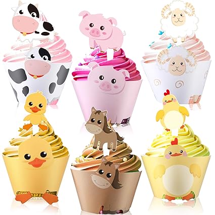 Blulu 60 Pieces Farm Animal Cupcake Wrappers And Toppers For Farm