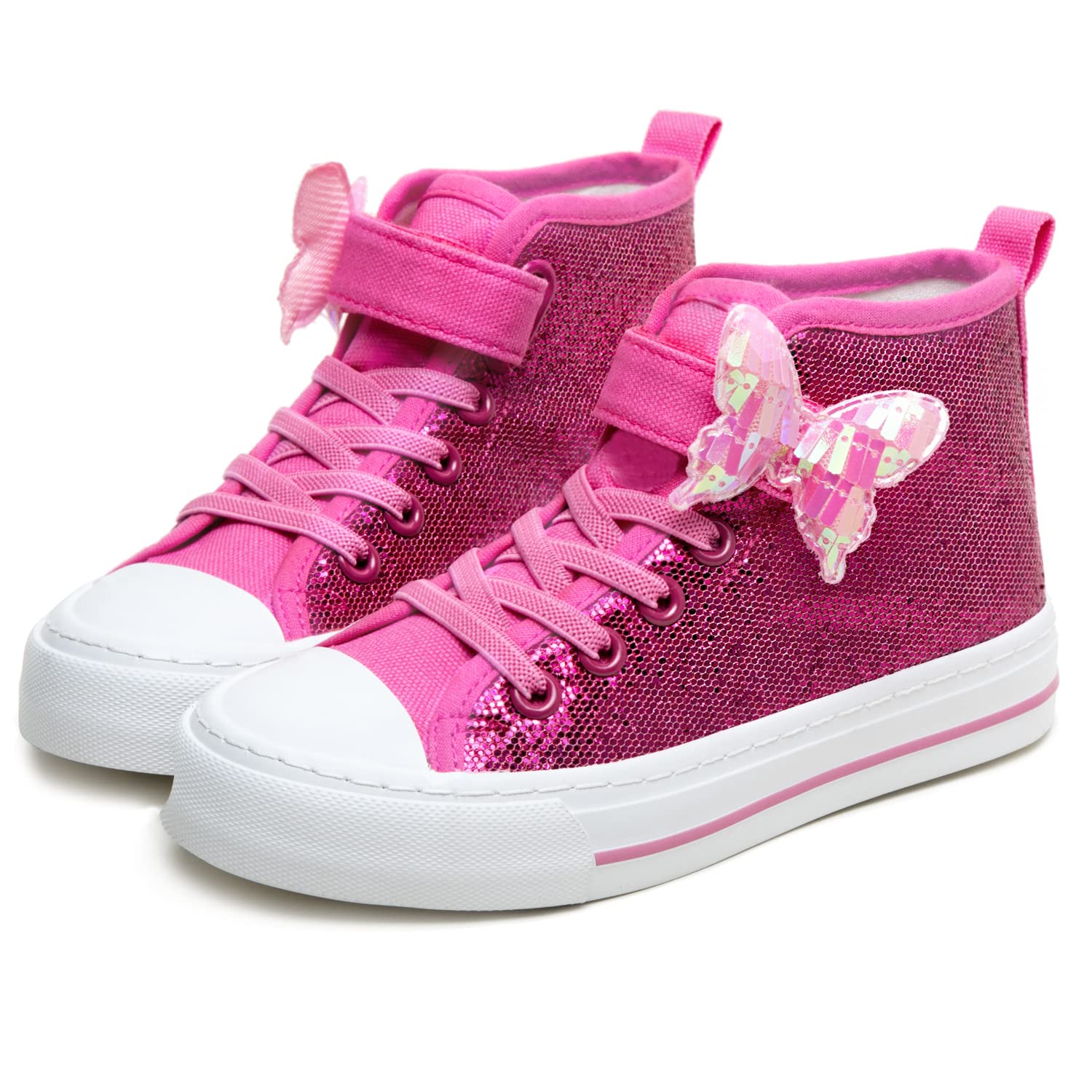 Toandon Little Girls Kids Sneakers Glitter Canvas Shoes Sparkle High Top Toddler Child Adjustable Hook Loop Straps Velcro Non Slip Lightweight Walking Outdoor Butterfly Pink Size 12 Image