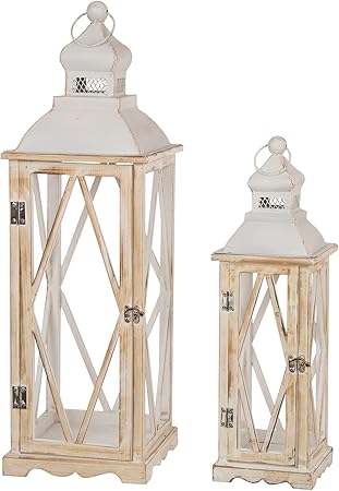 glitzhome farmhouse juego de 2 faroles decorativos para colgar velas de madera metal
