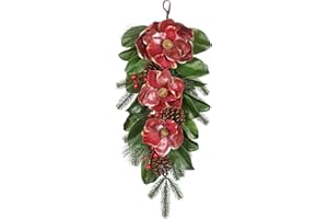 Briful 28.7 Inch Christmas Magnolia Flower Teardrop Swag – Red Magnolia Door Swag with Pine Cones Berries Artificial Christmas Hanging Teardrop for Xmas Home Holiday Front Door Outdoor Porch Decor