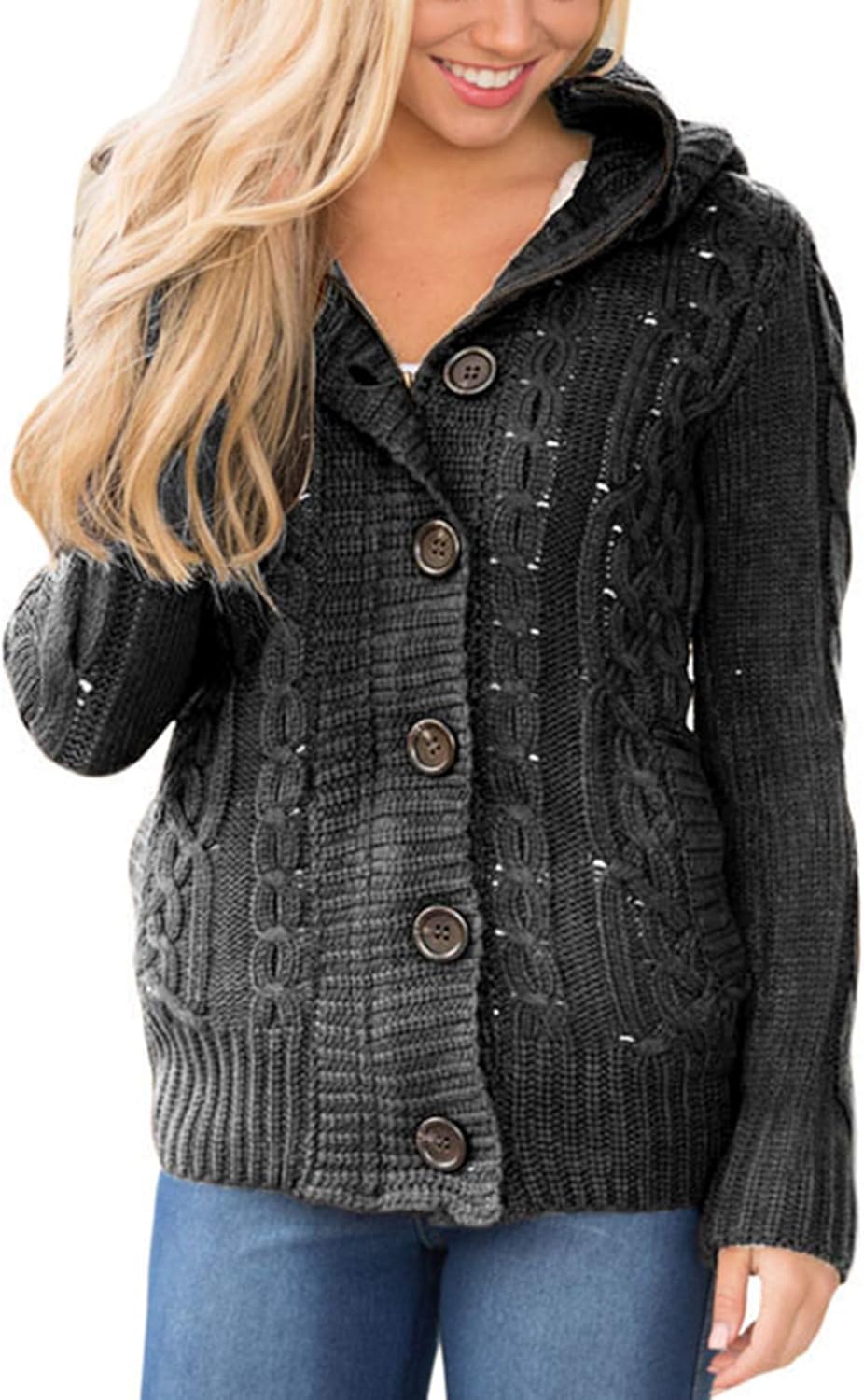 Sidefeel Women Hooded Knit Cardigans Button Cable Sweater Coat