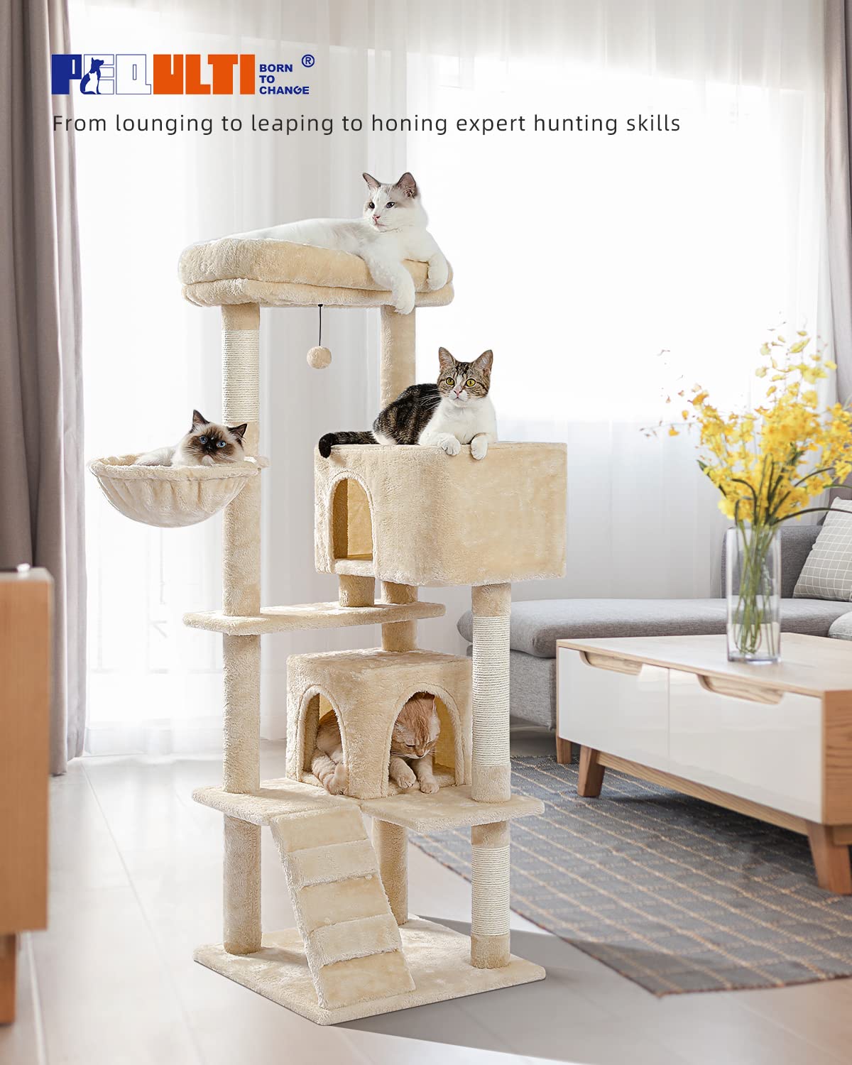 PEQULTI Cat Tree for Large Cats with Large Top Perch, [56.3