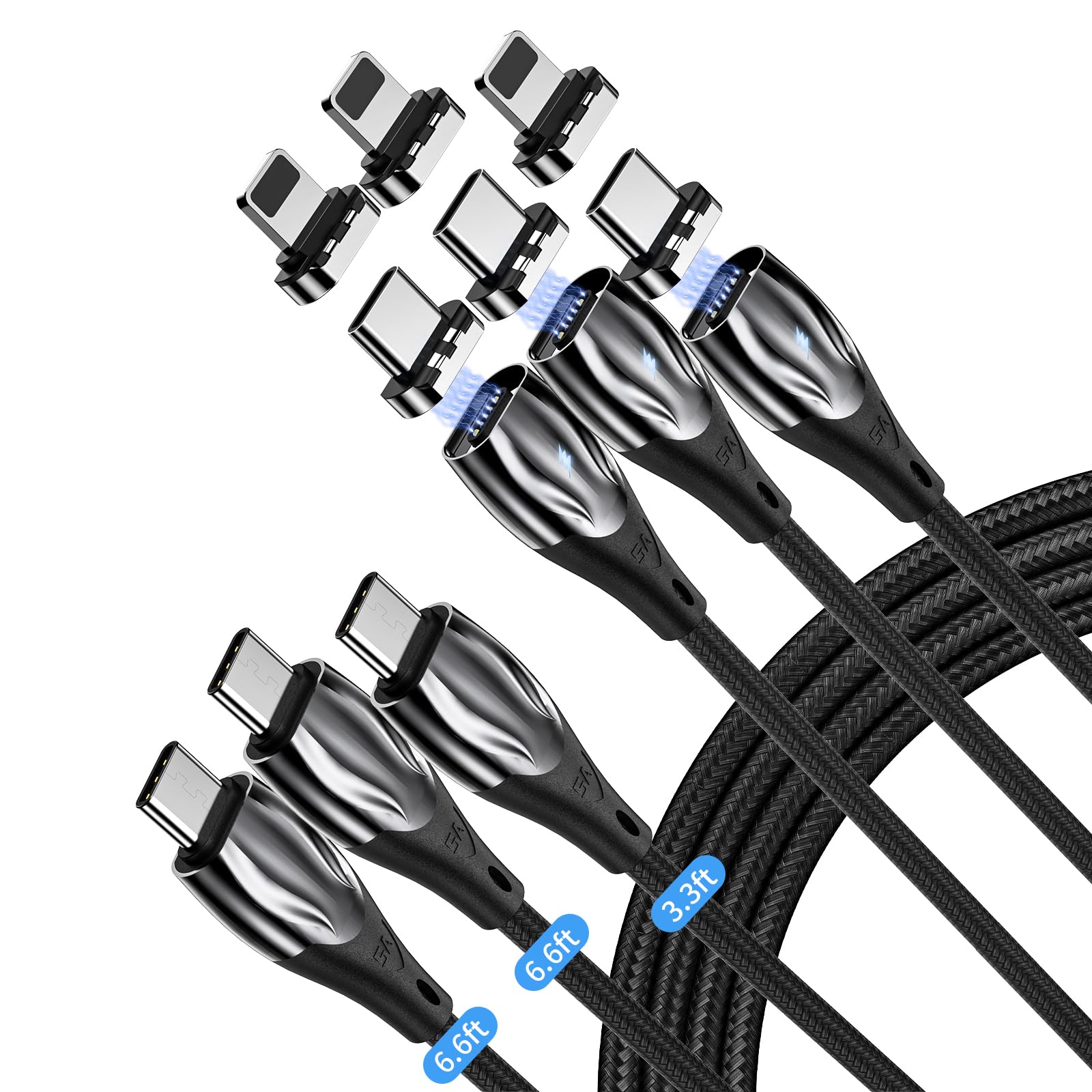 Photo 1 of 100W Magnetic Charging Cable, 2 in 1 Type C & iProducts 5A Fast Charging Cable 480Mbps Data Transfer, Nylon Braided USB C Charger Cord for Phone,Pad,Laptops,S24 (3 Pack:3.3/6.6/6.6 FT)