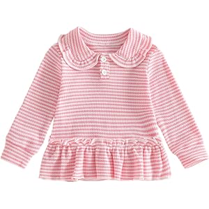 Toddler Baby Girl Long Sleeve Shirt Waffle Knit Clothes Peter Pan Collared Sweatshirt Button Up Tunic Top Pullover