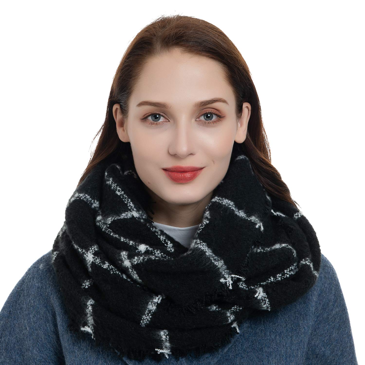 Women Tartan Plaid Infinity Wrap Scarf Winter Chunky Crochet Knit Loop