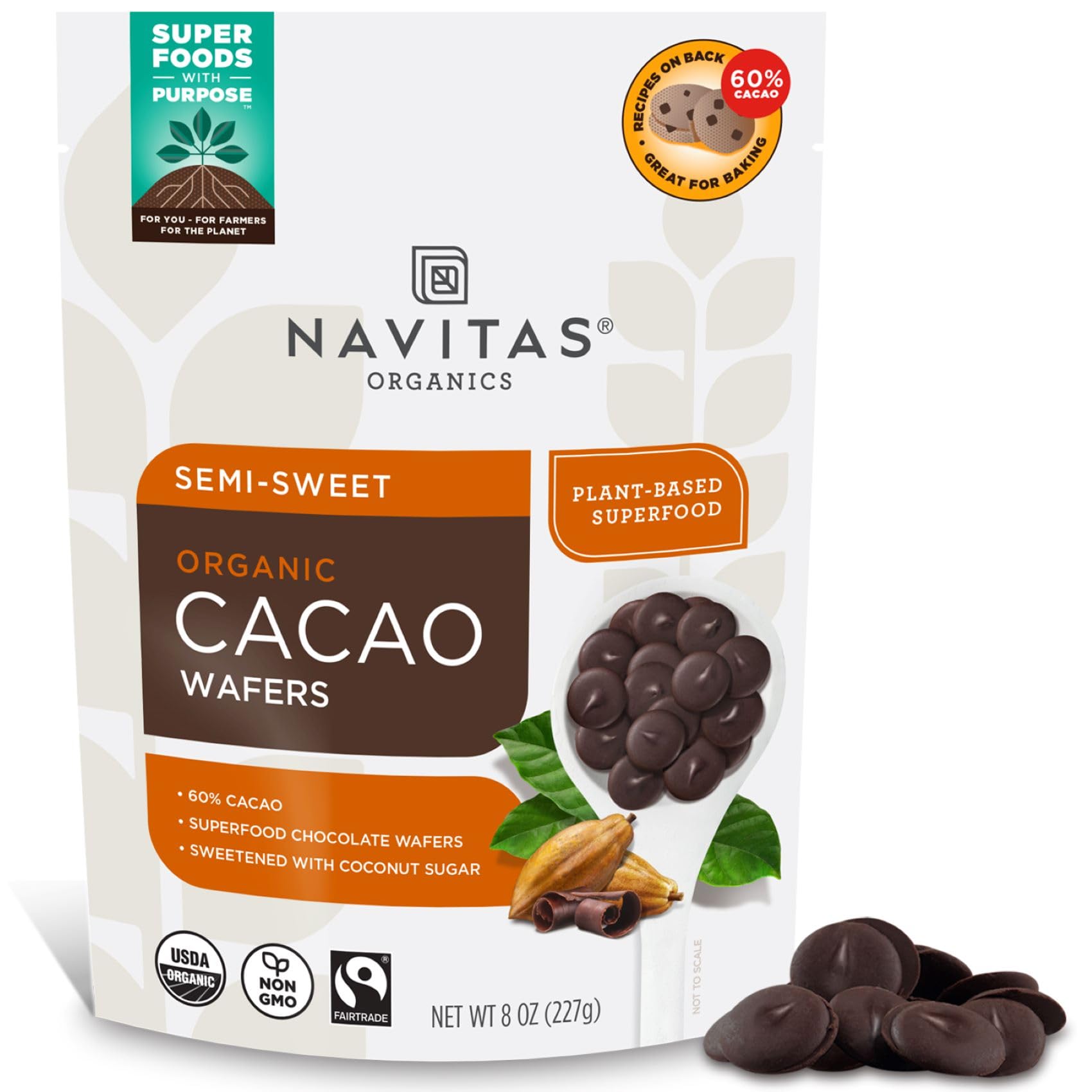 Navitas Organics Organic Semi Sweet Cacao Wafers, 8 OZ — Organic, Fairtrade, Non-GMO, Gluten-Free