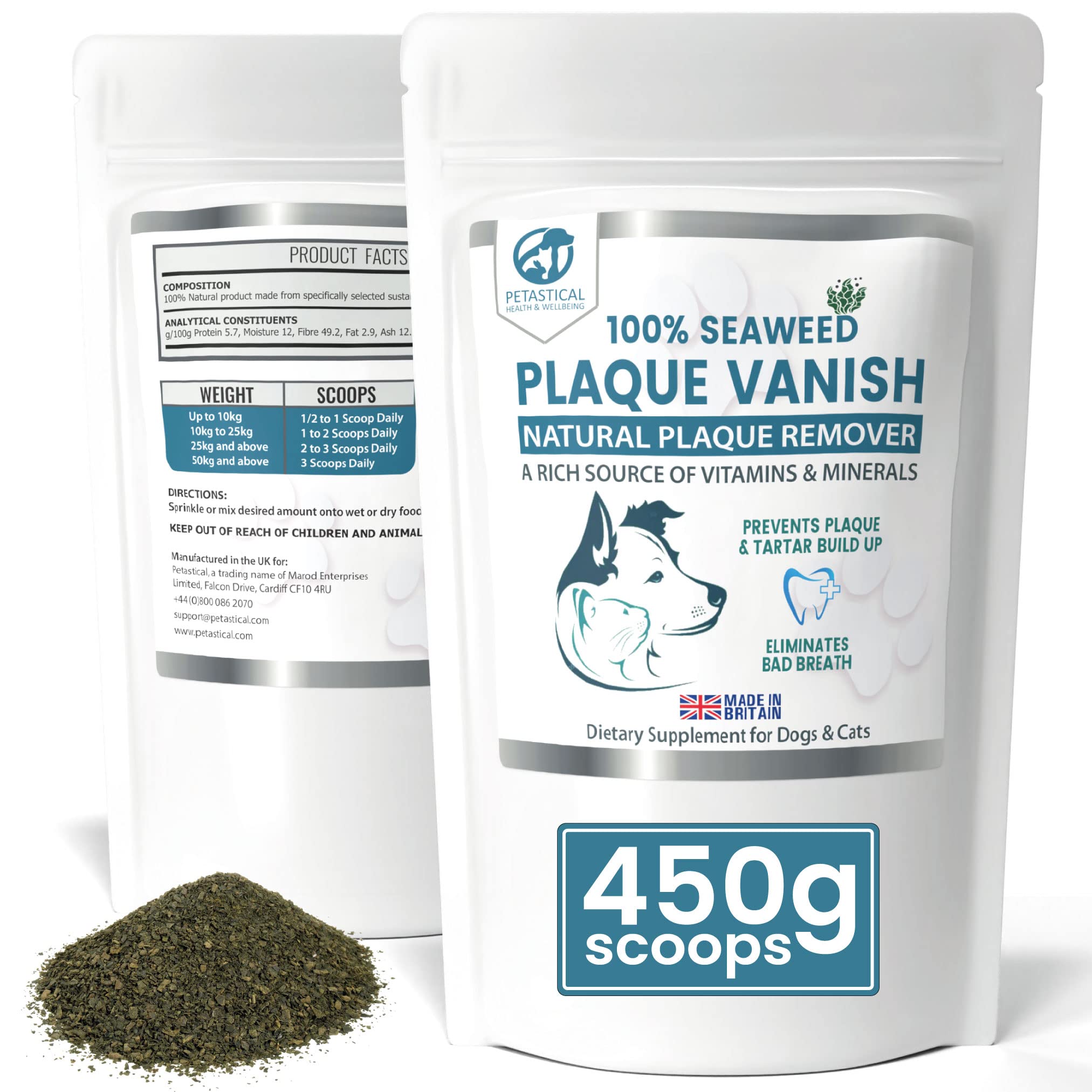 Petastical Plaque Vanish | 100% Natural Seaweed Dental Powder | Plaque Off Tartar Remover for Dogs & Cats | Banish Bad Breath | Made in UK (450g)