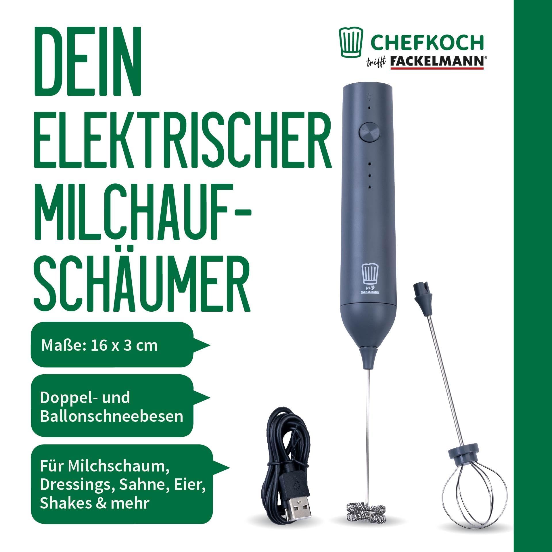 Chefkoch trifft Fackelmann Elektrischer Milchaufschäumer – inkl. 2 Schneebesen, USB-C wiederaufladbar, 3 Geschwindigkeiten, Dunkelgrau 2