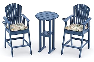 Sundale Outdoor 3 Pieces Adirondack Bar Set, Patio Counter Height Adirondack Tall Chairs Set of 2 and Table, High Top HDPE Stools and Pub Bistro Dining Furniture for 2, Navy Blue