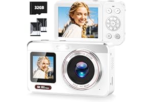 Hoorola Digital Camera, 5K Vlogging Camera for Photography, 80MP Dual Screen Point and Shoot Digital Camera with Auto Focus, 18X Zoom, Flash, 2 Batteries, 32GB Card for Teens and Adults (White)