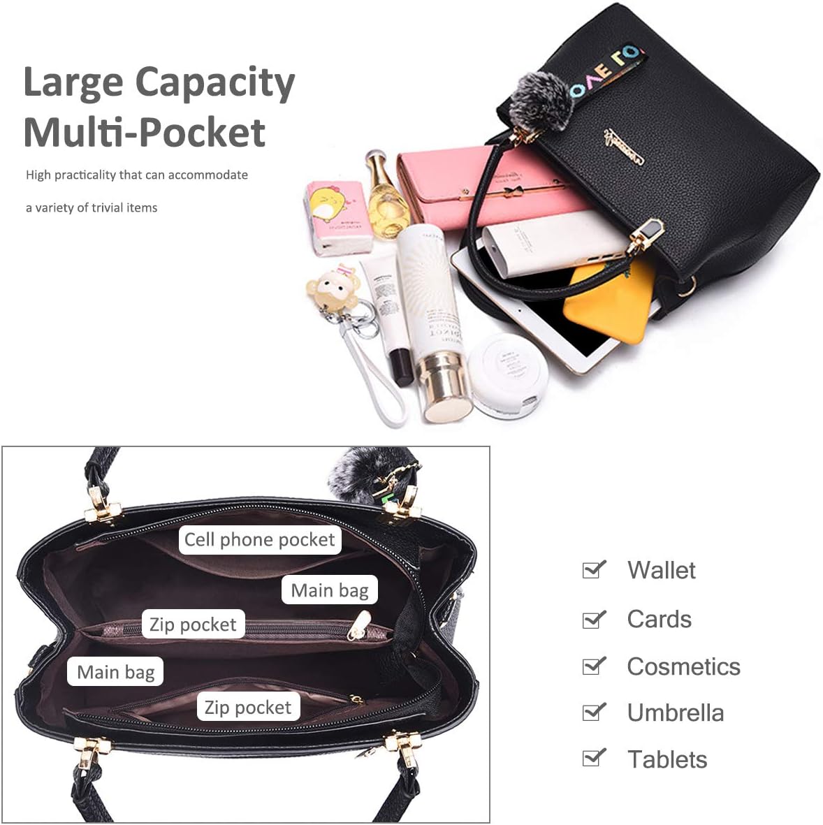 NICOLE & DORIS 2-PCS Women Handbag PU Leather Ladies Fashion Tote Bag Shoulder Bag + Clutch Wallet with Pompom Pink - Image 5