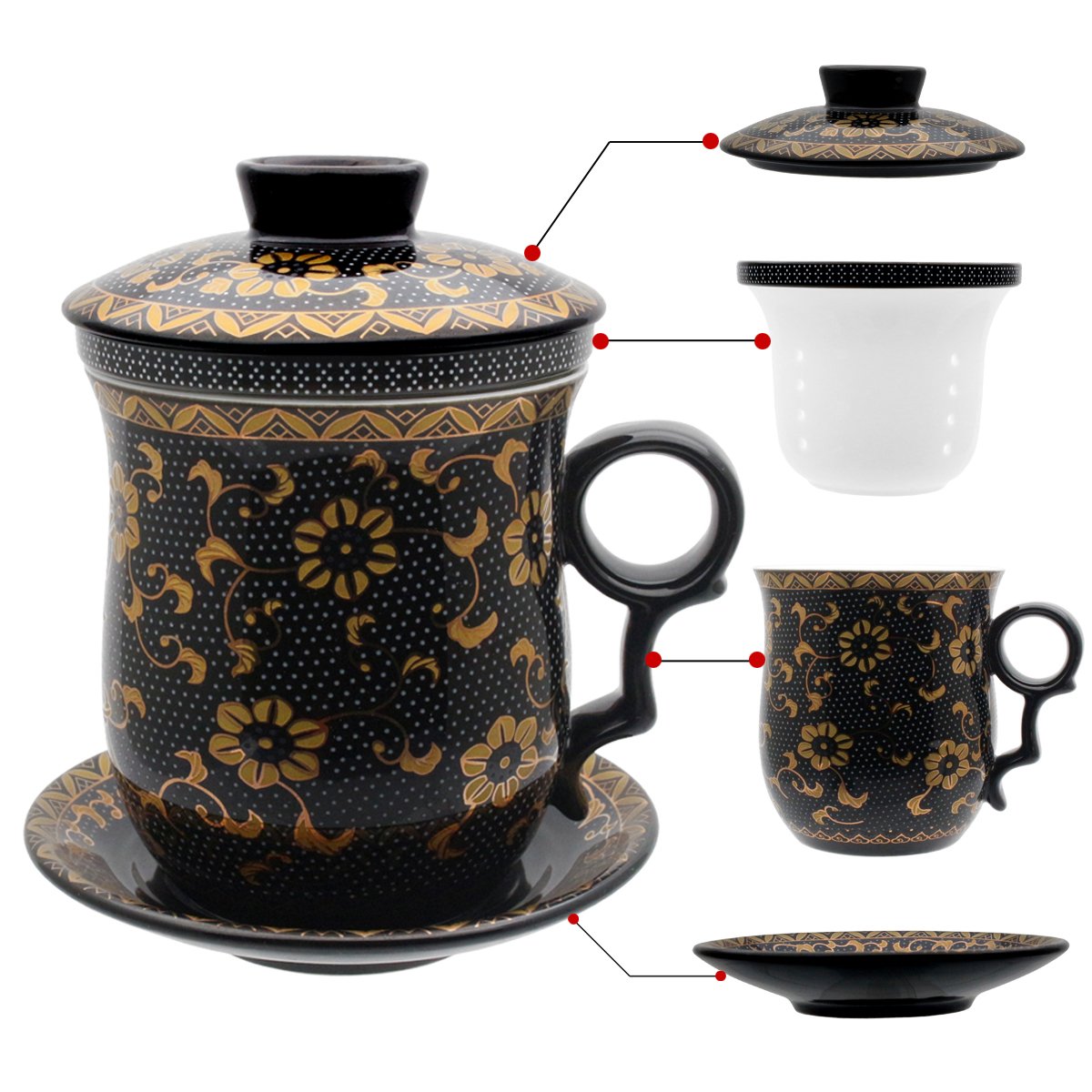 HOLLIHI Porcelain Tea Cup with Lid and Saucer Infuser Sets - Chinese Jingdezhen Ceramics Coffee Mug Teacup Loose Leaf Tea Brewing System for Home Office