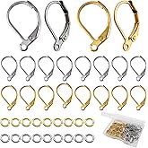 TOAOB 120pcs 18K Gold Plated Leverback Earwires French Earring Hooks Gold and Silver Stainless Steel Colors 10x15mm Interchangeable Dangle Ear Wires with Jump Rings for Jewelry Making