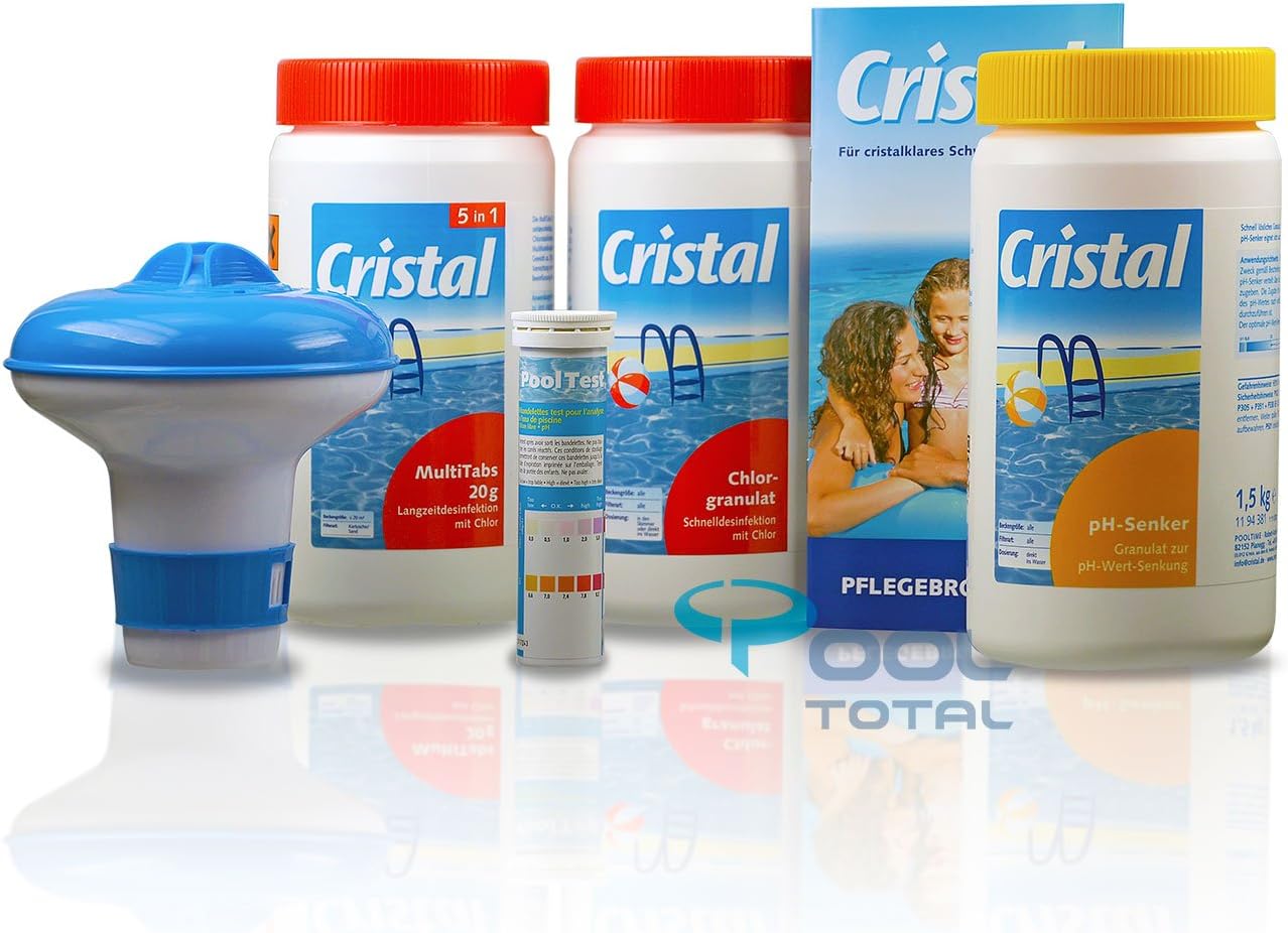 Cristal Poolpflege-SET Chlor 3,7 kg - Wasserpflege Starterset 6-teilig für cristalklares Schwimmbadwasser