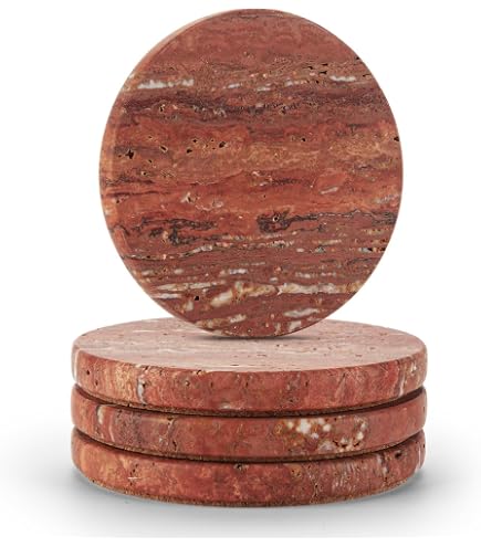 thumbnail image 2 of WORHE Natural Travertine Marble Coasters Set Of 5 - Red Stone Drink Coasters For Home Decor 2 of 13