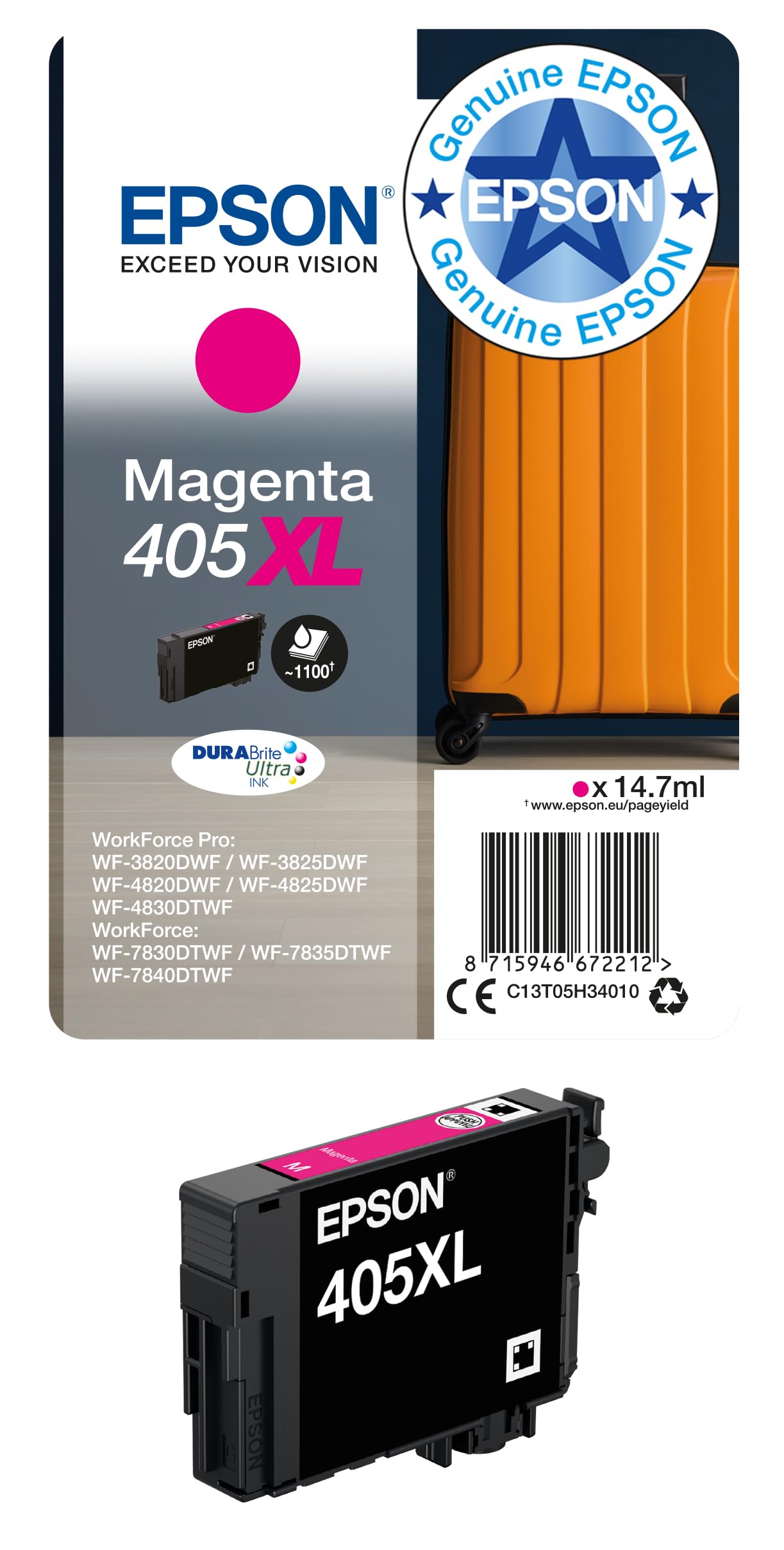 Epson 405XL Magenta Suitcase High Yield Genuine, DURABrite Ultra Ink