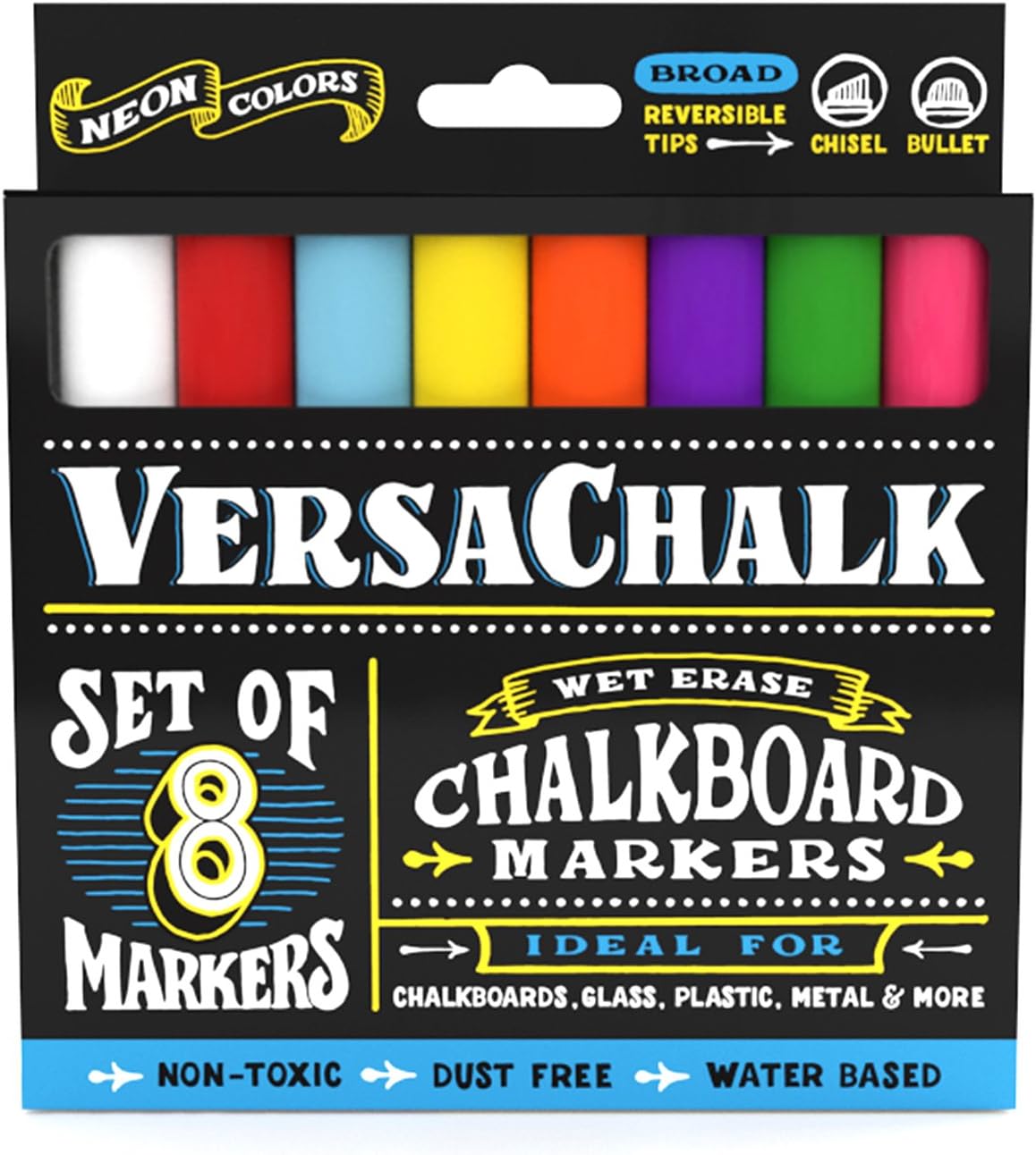 VersaChalk Chalkboard Chalk Markers 8 Neon Colored Markers, 5mm Bold Tip Wet Erase Dustless