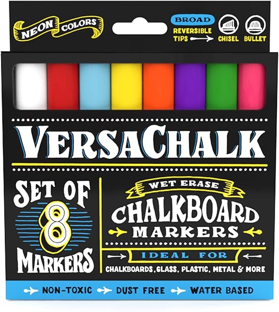 VersaChalk Chalkboard Chalk Markers 8 Neon Colored Markers, 5mm Bold