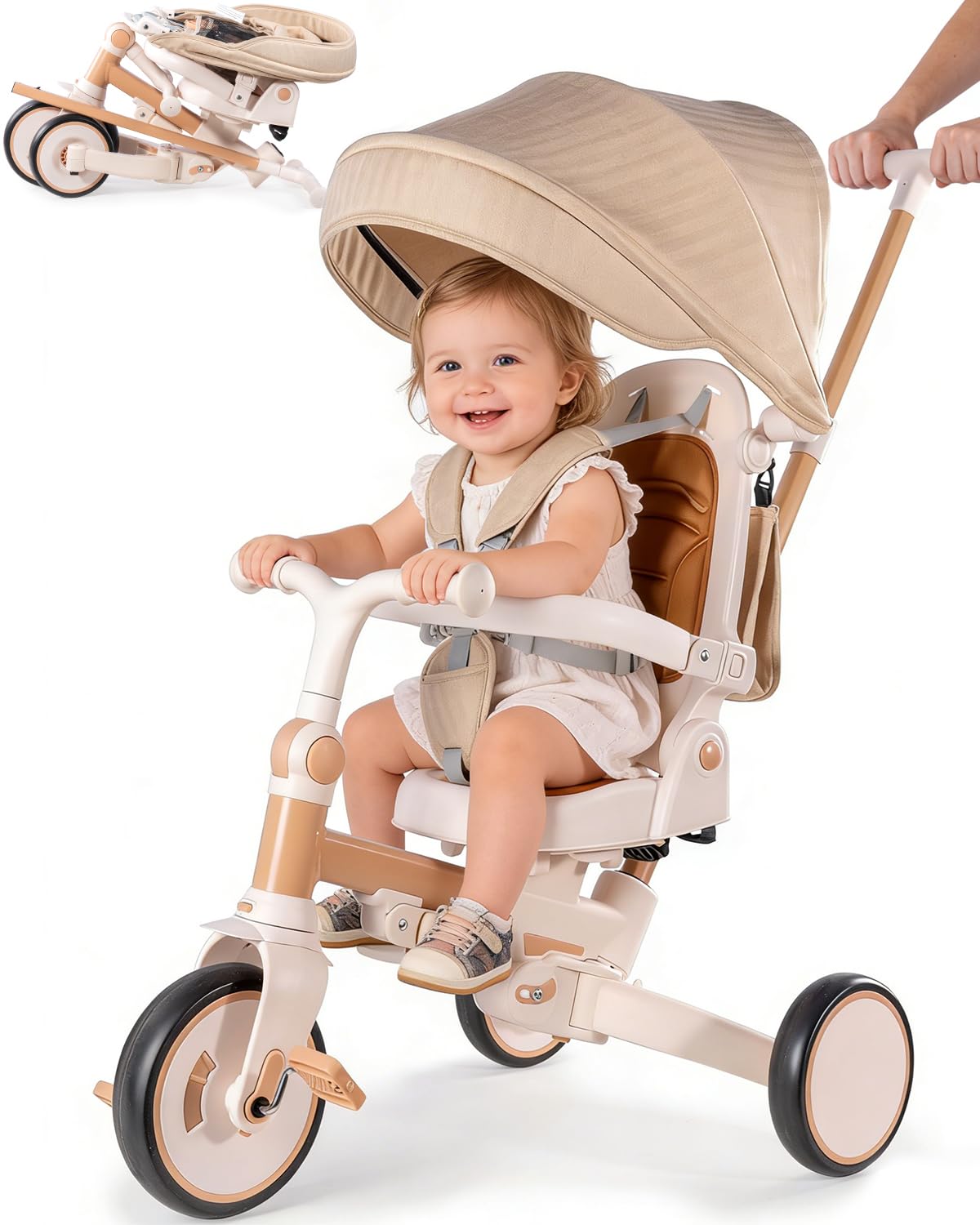 7 in 1 Kids Tricycle for Toddler Age 1-3 Year Olds, Foldable Push Trike with Steering Push Handle and Removable Canopy, Baby First Bike for Boys Girls Gift 12 Months to 5 Years (Brown)