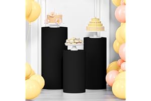 LEBENGURU 3Pcs Cylinder Pedestal Stand Covers Black, Round Spandex Display Pedestal Covers, Elastic Cloth Plinth Pillar Cover for Parties Wedding Birthday Event Decor Props (Only Covers)