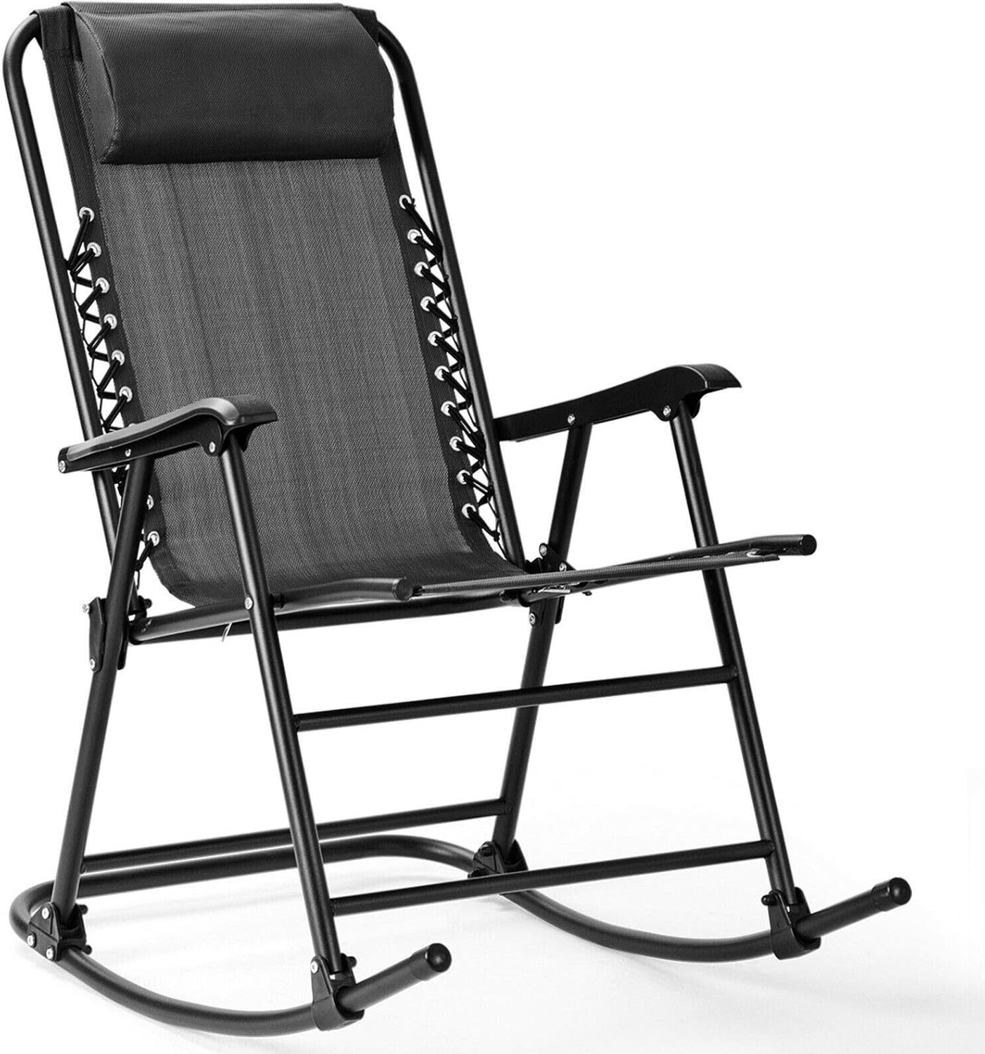 Grey Folding Zero Gravity Rocking Chair Rocker Armrest Comfortable Headrest Glider Porch Seat Backyard Patio Lawn Deck Outdoor Garden Pool Side Furniture Solid Steel Construction Ergonomic Design